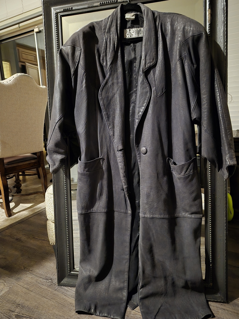BB Dakota Black Leather Long Coat with Draped Collar